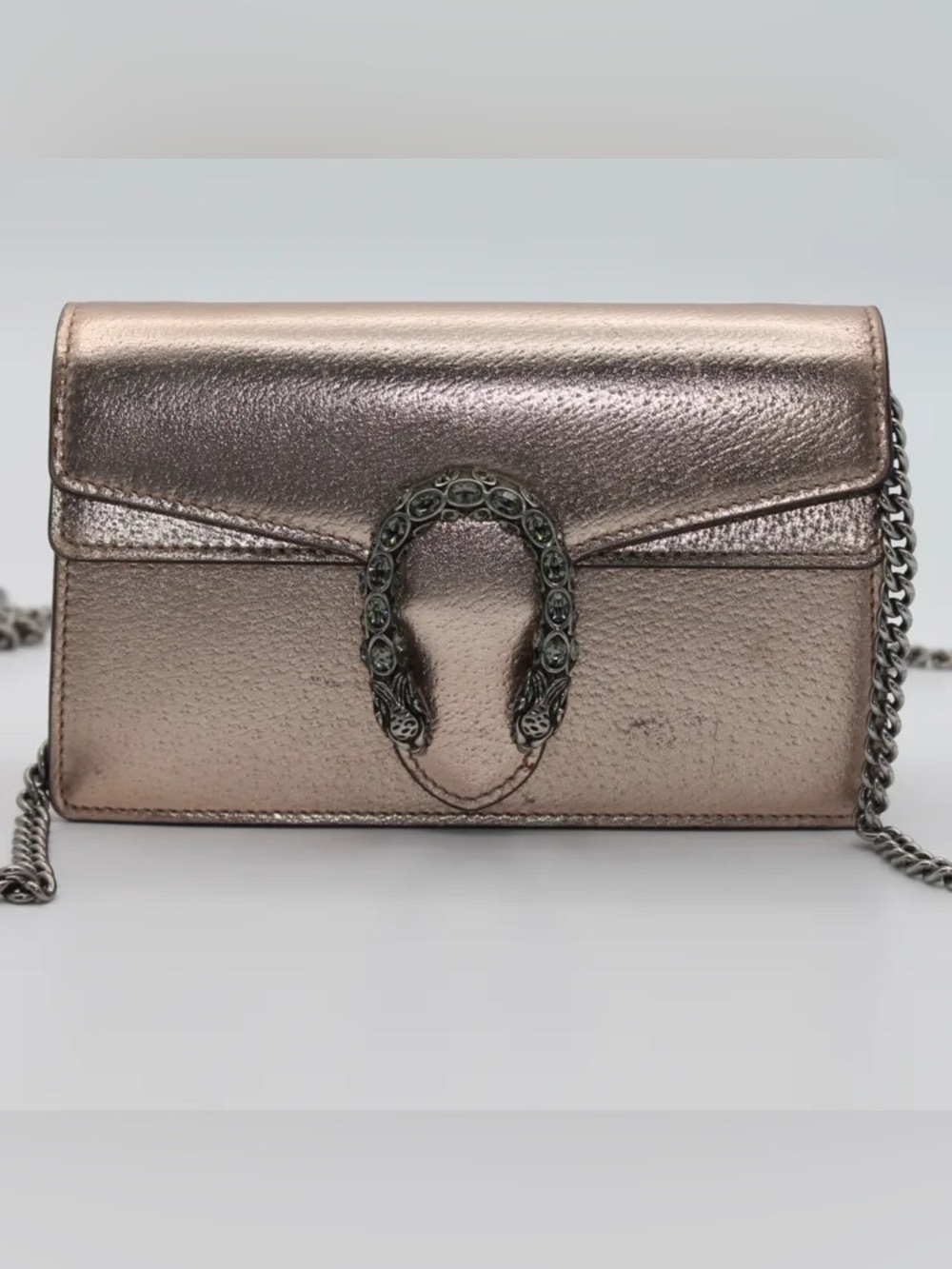 GUCCI Metallic Leather Crystal Dionysus Super Mini Chain Crossbody Bag Mini